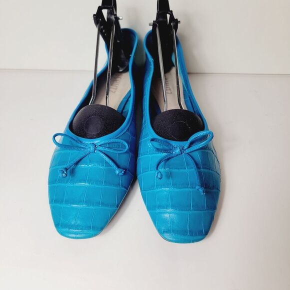 Schutz Ariara Cerulean Blue Croc Embossed Square Toe Bow Ballet Flats Size 10 - Picture 6 of 10